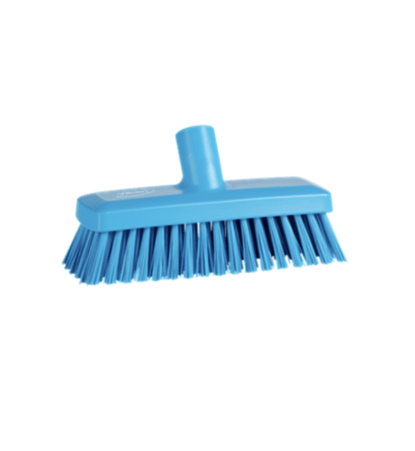 Blue plastic scrub brush with bristles.